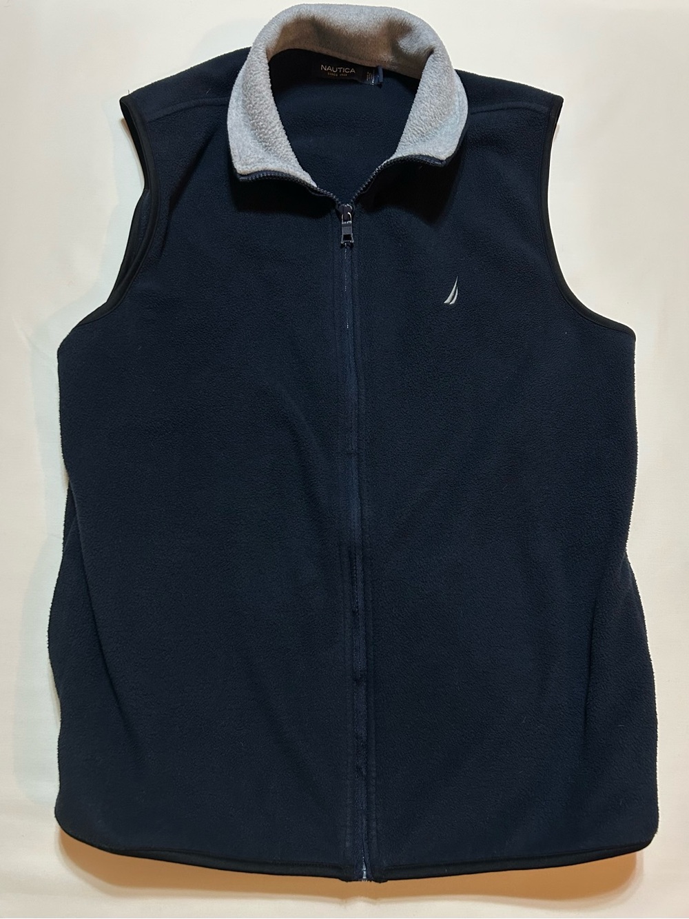Nautica Fleece Vest; Navy with Gray Collar; Embroidered Logo; Size L;